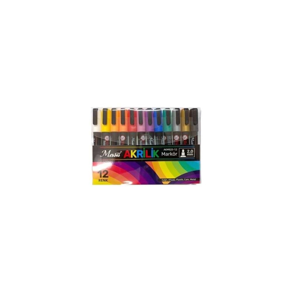 Masis Akrilik Markörü, 925, 12 Renk, PVC Paket 2.0mm