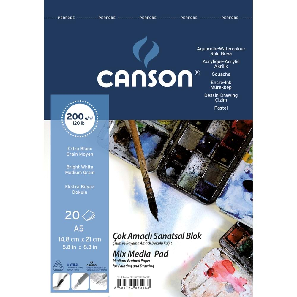 Canson Finface Çok Amaçlı Sanatsal Blok 200 gr. Spiralli A5 20 Sayfa