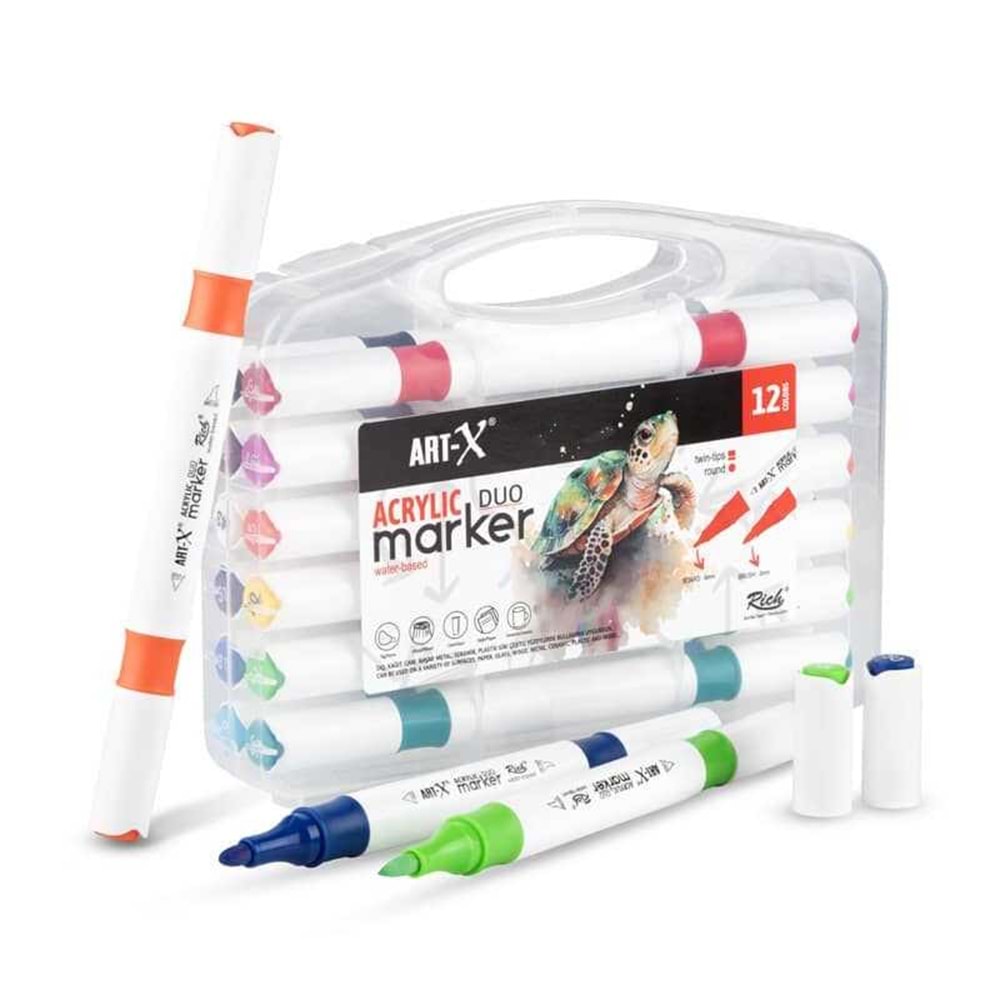 Rich Art-X Acrylic Duo Marker Çift Uçlu Su Bazlı Boyama Kalemi 12 Renk Set