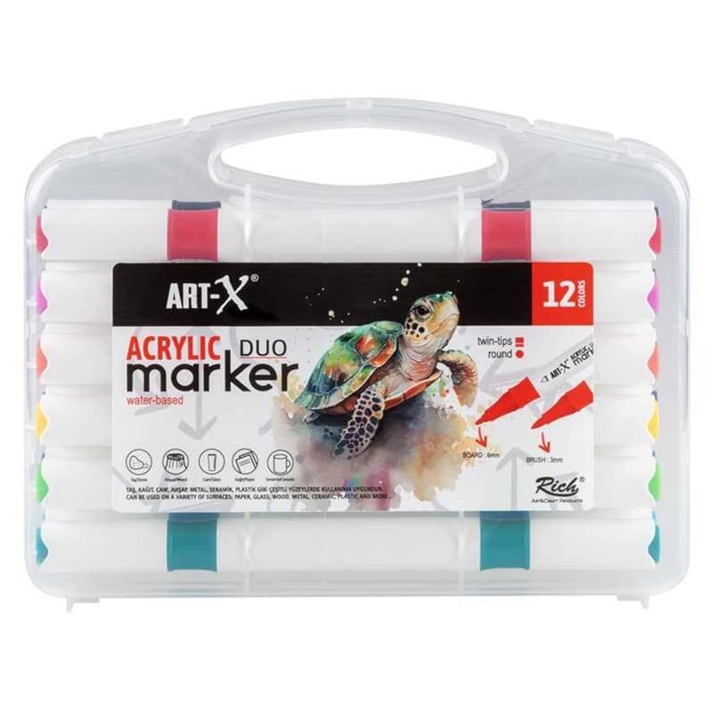Rich Art-X Acrylic Duo Marker Çift Uçlu Su Bazlı Boyama Kalemi 12 Renk Set