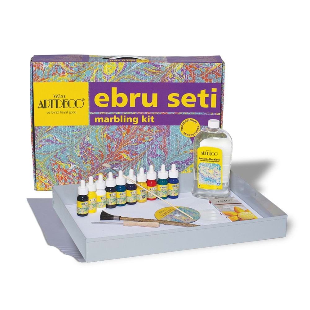 Artdeco Ebru Profesyonel Set (35x50cm metal tekneli) 10x30ml damlalıklı şişe