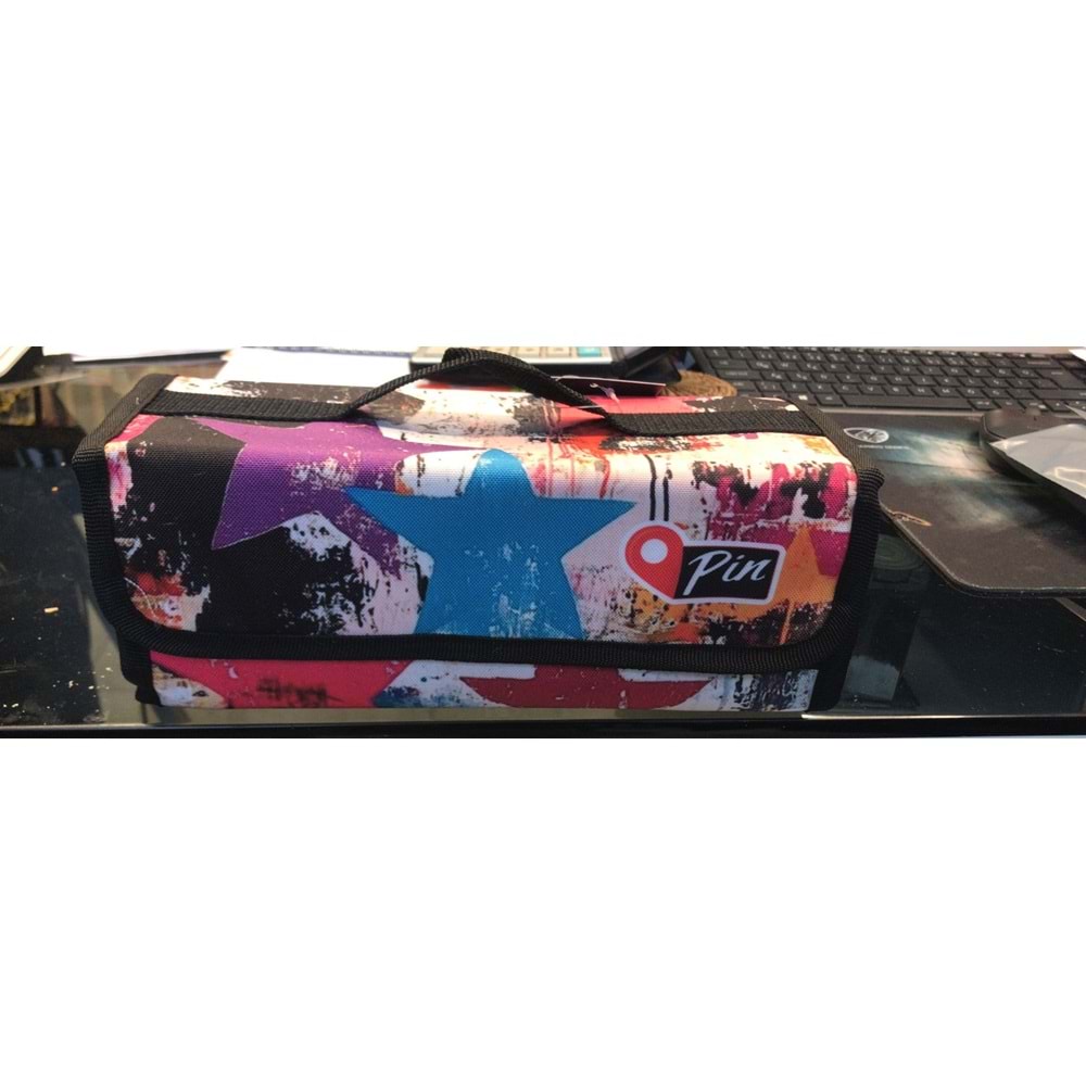 Pin Kumaş Dörtlü Kalem Çantası Desenli (En 25 cm-Yükseklik 10 cm)