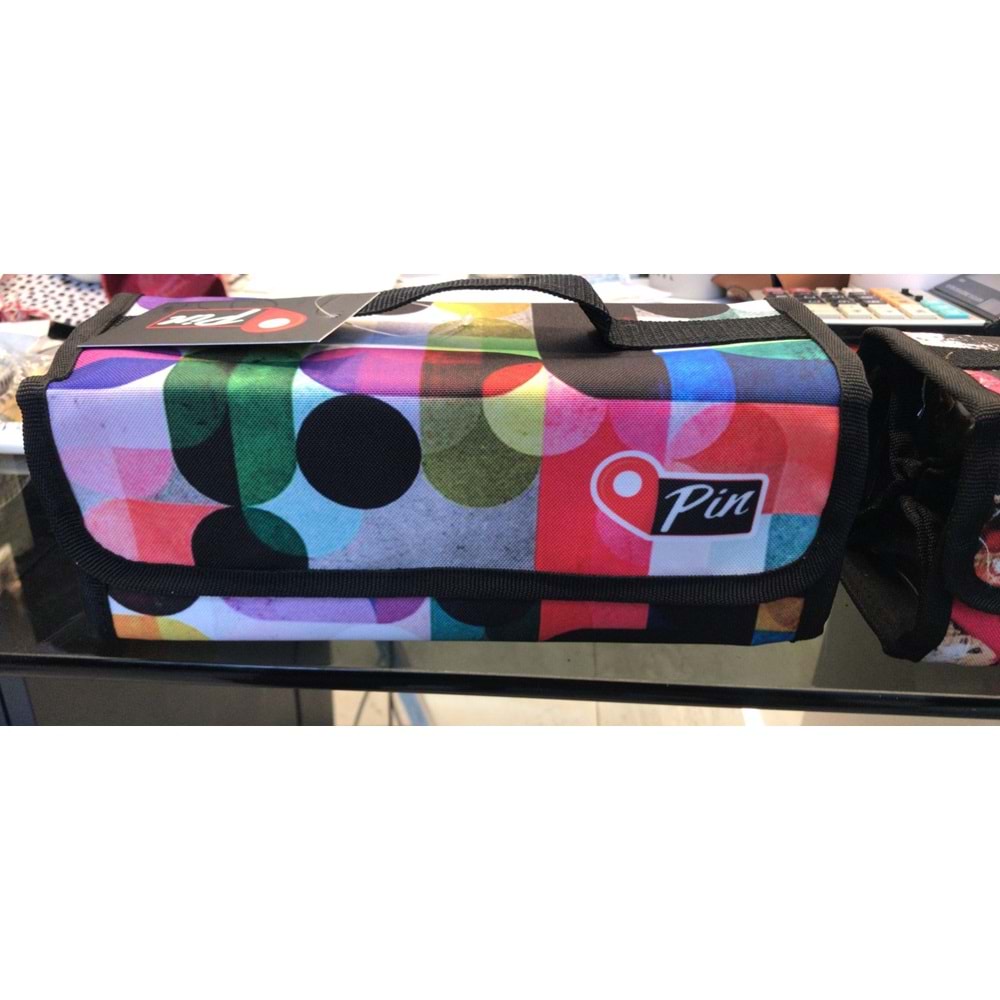 Pin Kumaş Dörtlü Kalem Çantası Desenli (En 25 cm-Yükseklik 10 cm)