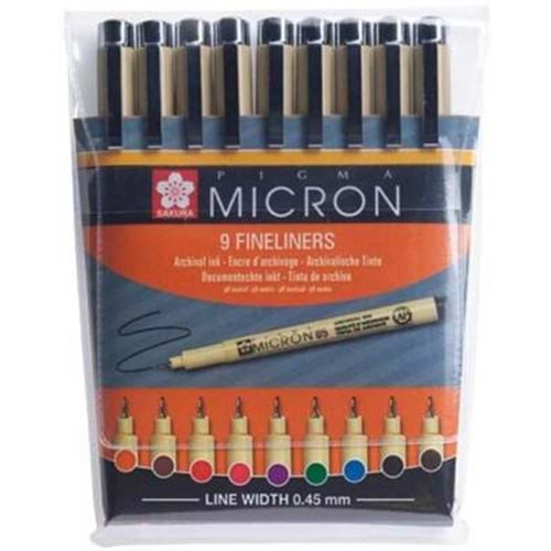 Sakura Pigma Micron 9 Fineliners 0.5 Çizim Kalemi 9 Renk Set