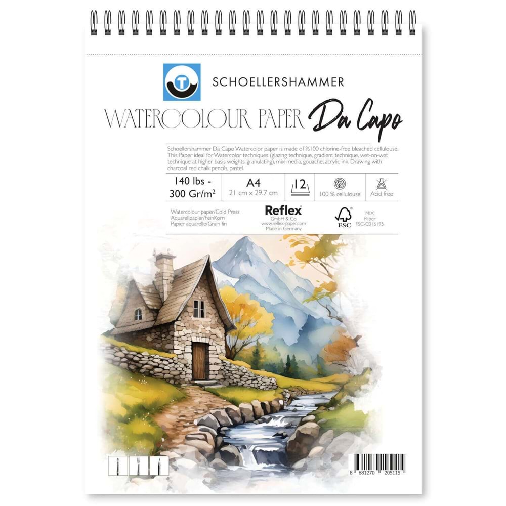 Schoellershammer Da Capo Cold Press Sulu Boya Defteri 300 gr A4 12 Yaprak